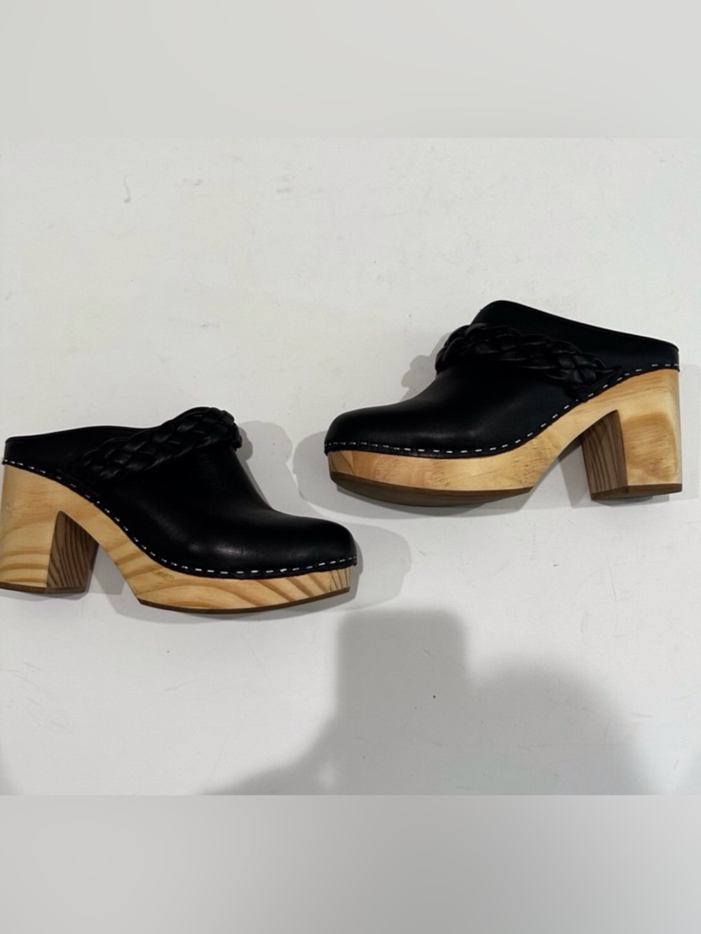 Dolce Vita Black Leather Braided Clog Mules with Wooden Platform Shoes NWOT - Picture 2 of 15
